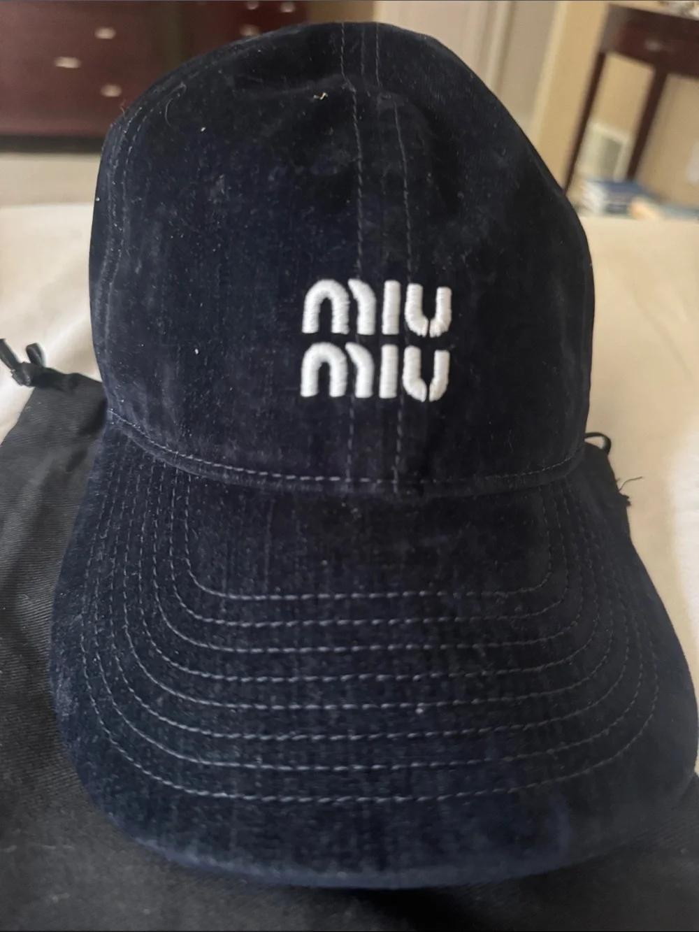 Miu Miu Black navy velvet cap  with White Logo Size S – Made in Italy